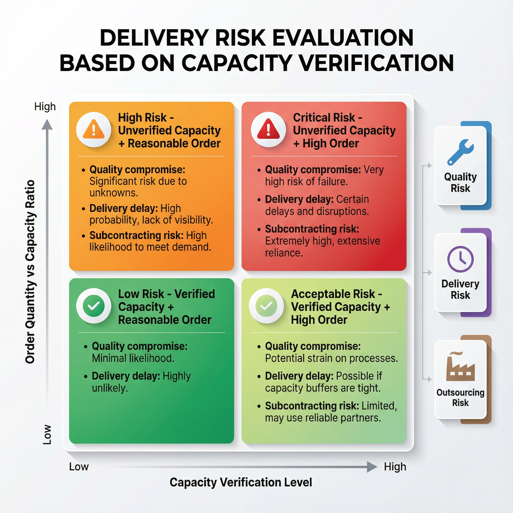 交期風險評估矩陣:基於產能驗證程度與訂單量比例的 2x2 風險矩陣,展示低風險(已驗證產能 + 合理訂單)、可接受風險(已驗證產能 + 高訂單)、高風險(未驗證產能 + 合理訂單)與關鍵風險(未驗證產能 + 高訂單)四個象限及其對應的品質、交期與外包風險