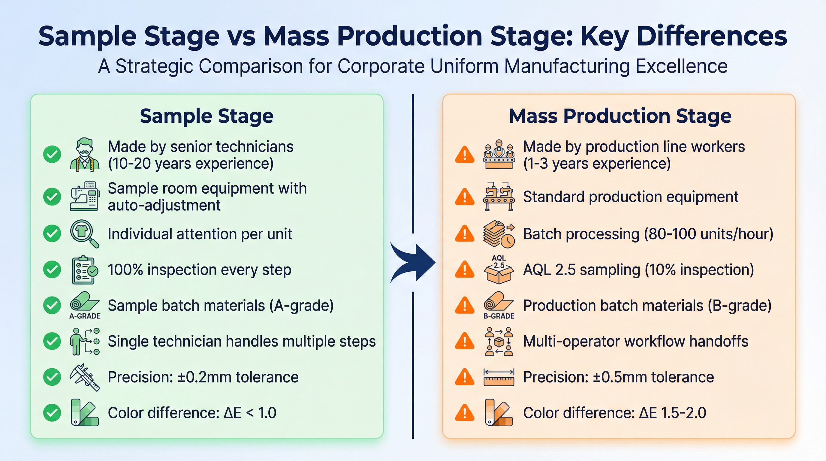 樣品階段與量產階段的關鍵差異比較：設備、人員、材料、檢驗密度、精準度