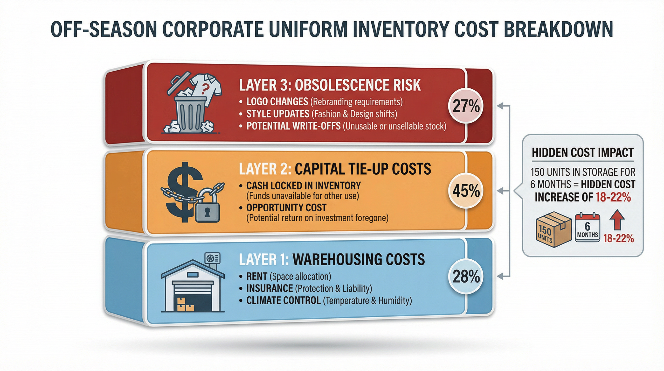 淡季企業制服庫存成本拆解圖，顯示三層成本結構：第一層倉儲成本28%（租金、保險、溫濕度控制）、第二層資金佔用成本45%（現金鎖定、機會成本）、第三層過時風險成本27%（LOGO更換、款式調整、潛在報廢），150件庫存存放6個月導致隱藏成本增加18-22%