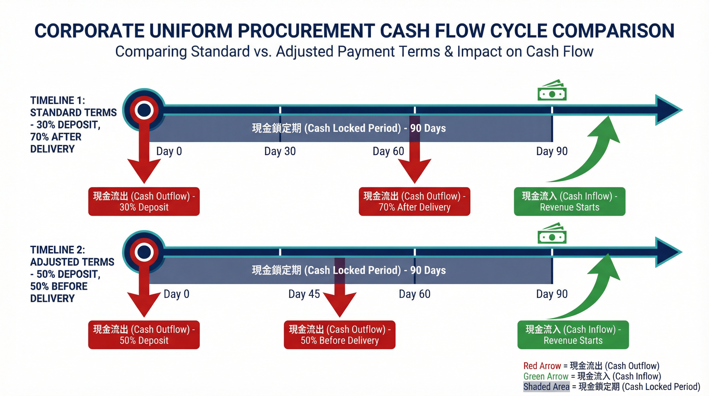 企業制服採購中標準付款條件與調整後付款條件的現金流週期比較時間軸